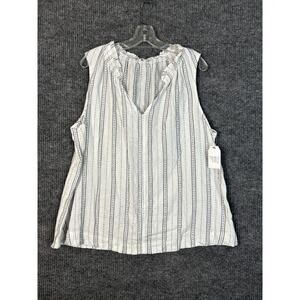 Time and Tru White and Navy Vertical Stripe Ruffle V-Neck Sleeveless Top